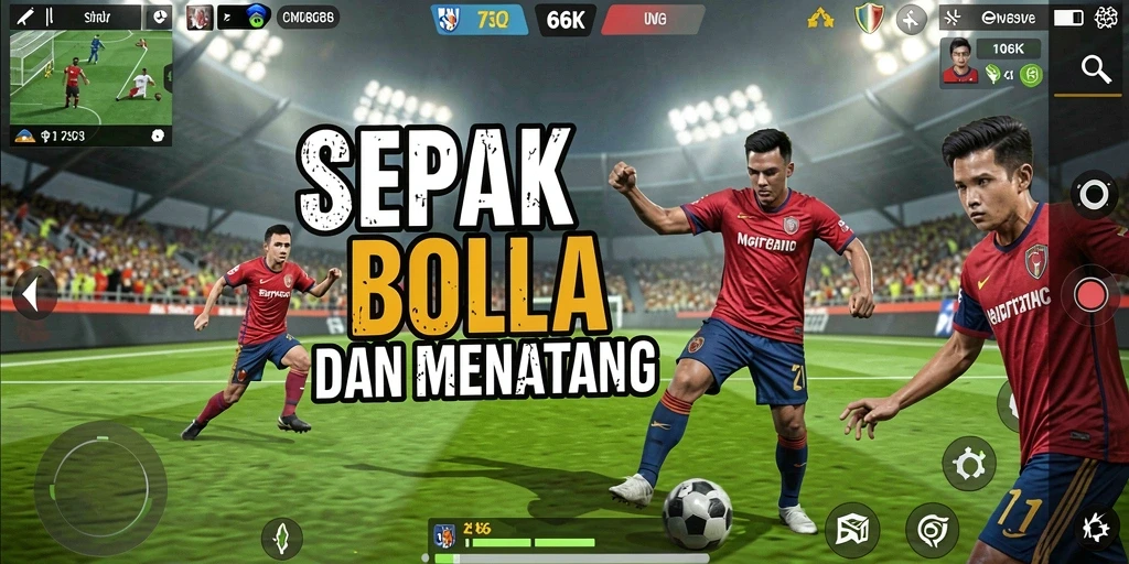 Screenshot utama 66K menampilkan aksi sepak bola yang intens.