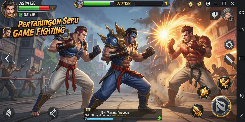 Gameplay seru ASIA128 dengan karakter bertarung di arena.
