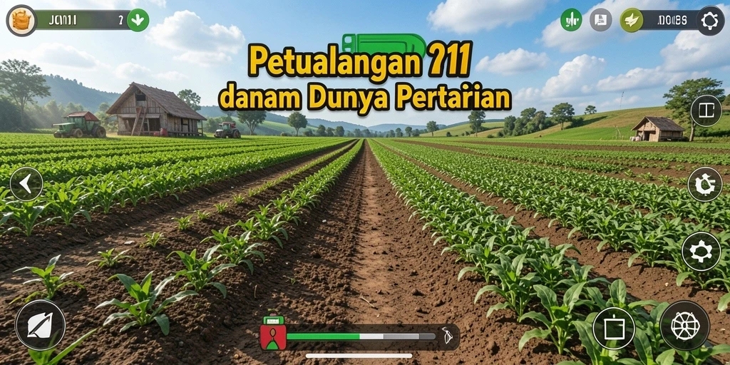 Tampilan gameplay JOKER11 yang menggambarkan ladang hijau dan aktivitas bertani.