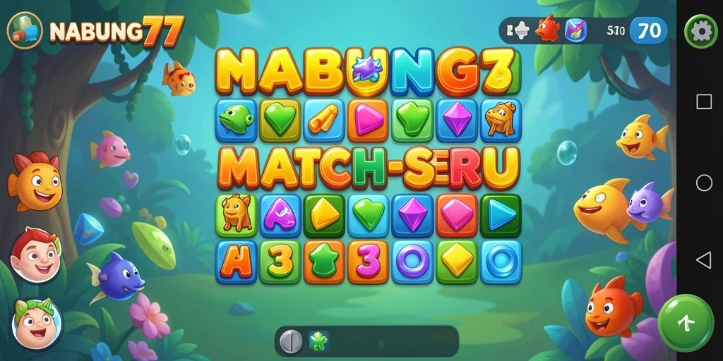 Screenshot menunjukkan gameplay NABUNG77 dengan level Match-3 yang menantang.