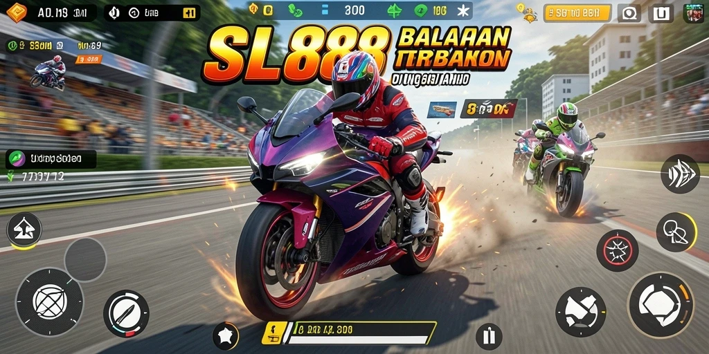 Screenshot dari gameplay menegangkan dalam SL888 dengan aksi balapan motor yang intens.