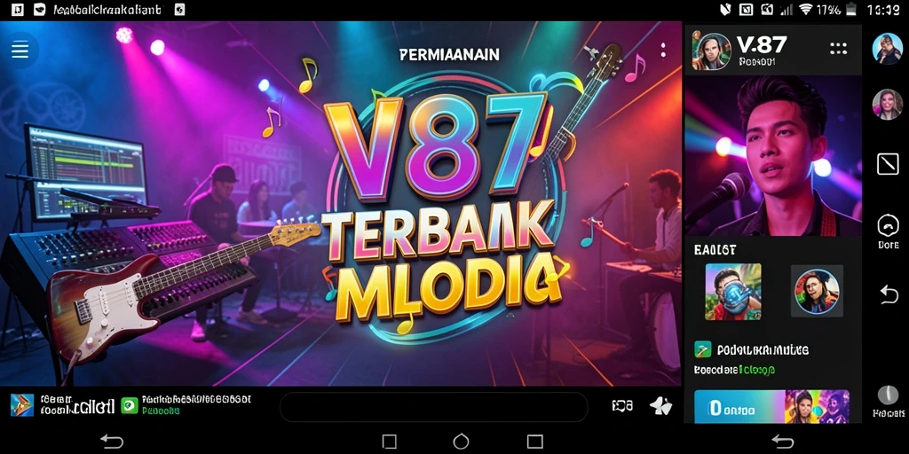 Tangkapan layar V87 menunjukkan gameplay yang seru dan interaktif dengan musik.